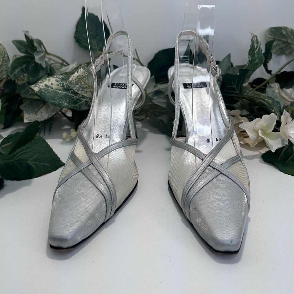 Stuart Weitzman Silver Pointed-Toe Slingback Heels